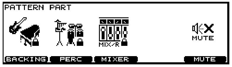 6. fejezet: Sequencer (lejátszás) Part beállítások [F2 (PART)] PATTERN PART képerny (csak User pattern-ek számára) A háttér part beállítása [F1 (BACKING)] Itt kiválaszthatja a hangszert a háttér
