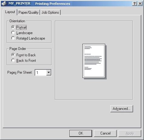 PS-emuláció A rendelkezésre álló lapok a következők: Layout (Elrendezés), Paper/ Quality (Papír/minőség) és Job Options (Munkabeállítások) lap. Layout (Elrendezés) lap 1 2 3 4 1.