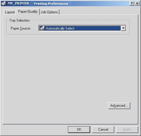 Paper/Quality (Papír/minõség) lap Lehetőség nyílik a papírforrás beállítására, de az automatikus kiválasztást eredményező beállítás is