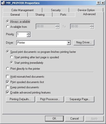 3. E gomb segítségével a nyomtató működésének ellenőrzésére szolgáló tesztoldalt nyomtathat. Advanced (Speciális) lap MEGJEGYZÉS A fent leírt szolgáltatások Windows 2000 rendszerben érhetők el.