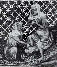 44. ábra Szülésábrázolás a Vencel-biblából, miniatúra, 1390-1400 közt, Bécs, Osztrák Nemzeti Könyvtár, Cod. 2759, fol.