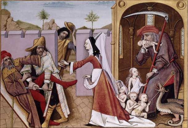 82. ábra Szaturnusz megeszi gyermekeit, 1496-1498 körül, "Echecs amoureux", Evrard de Conty munkája, illustré par Robinet, Testard festménye, BNF Paris Panofsky (1984) munkája szerint: