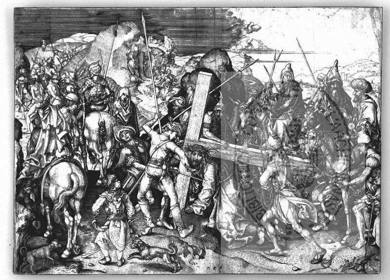 94. ábra Schongauer, Martin: Keresztvitel, Bibliotheca dell Archiginnasio, Bologna, 1455, fametszet, MS Ger 14 285 x 390 mm Panofsky (1984) munkája szerint: Preikonografikus leírás: Martin Schongauer