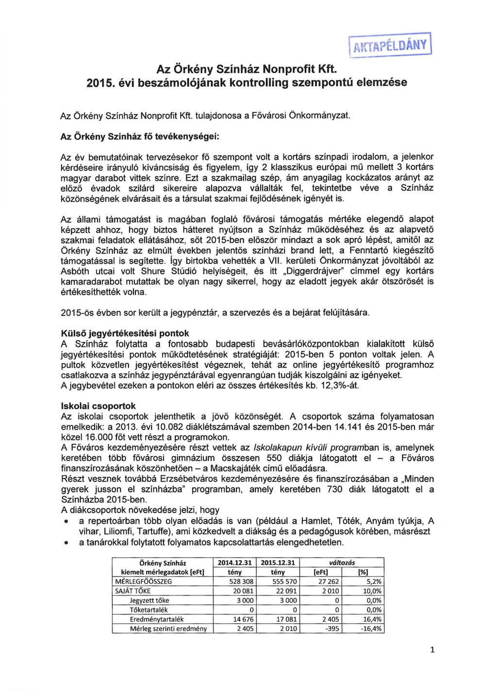 Atff APÉLDÁNY Az Örkény Színház Nonprofit Kft. 2015. évi beszámolójának kontrolling szempontú elemzése Az Örkény Színház Nonprofit Kft. tulajdonosa a Fővárosi Önkormányzat.