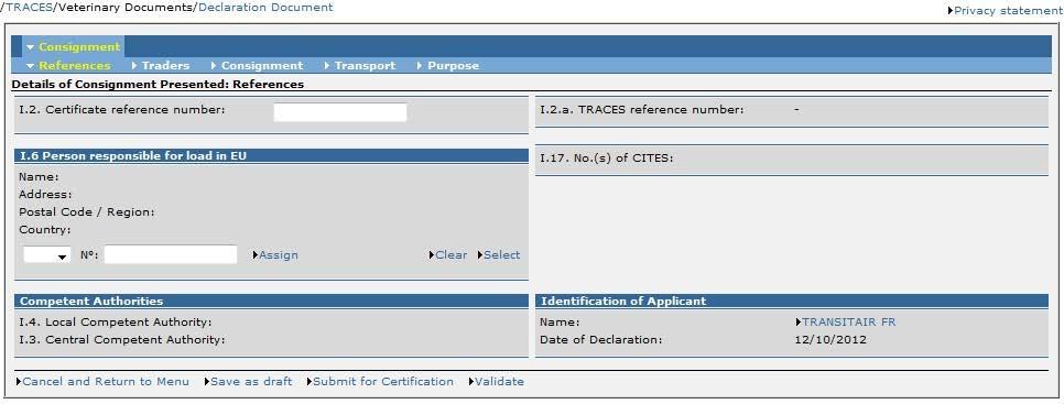 II.2.3.4. DECLAR esetén A TRACES-ben megjelenő DECLAR-űrlap Szállítmány című I.