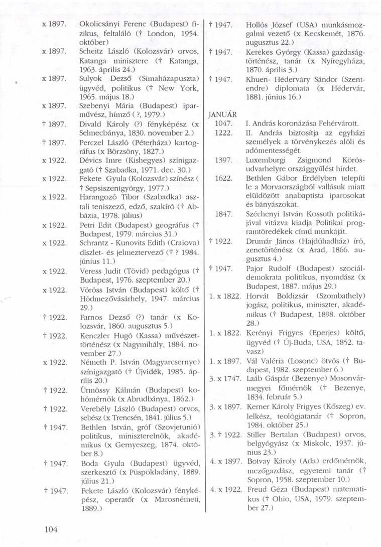 x 1897. x 1897. Okolicsányi Ferenc (Budapest) fizikus, feltaláló (t London, 1954. október) Scheitz László (Kolozsvár) orvos, Katanga minisztere (+ Katanga, 1963- április 24.) x 1897.