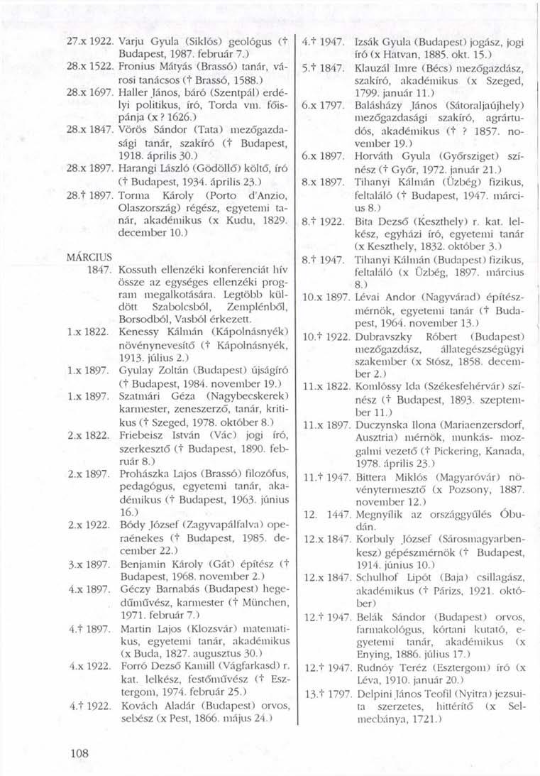 27.x 1922. Varjú Gyula (Siklós) geológus (t Budapest, 1987. február 7.) 28.x 1522. Fronius Mátyás (Brassó) tanár, városi tanácsos (t Brassó, 1588.) 28.x 1697.