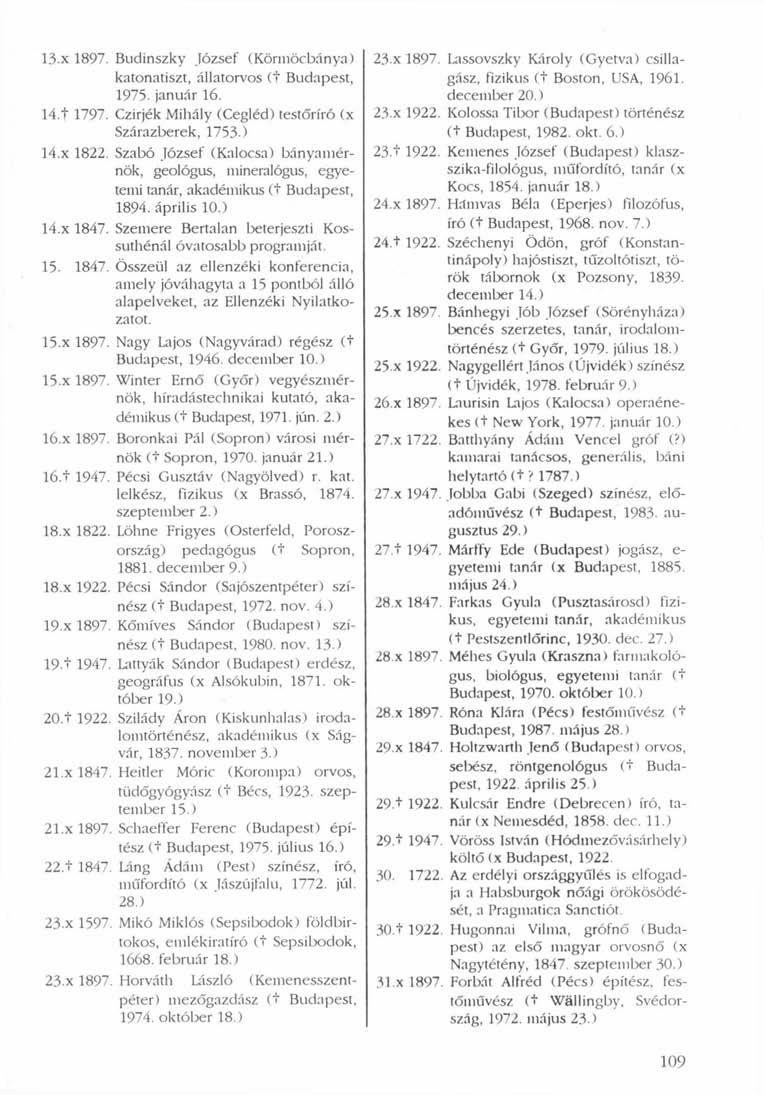 13.x 1897. Budinszky József (Körmöcbánya) katonatiszt, állatorvos (t Budapest, 1975. január 16. 14.t 1797. Czirjék Mihály (Cegléd) testőríró (x Szárazberek, 1753 ) 14.x 1822.