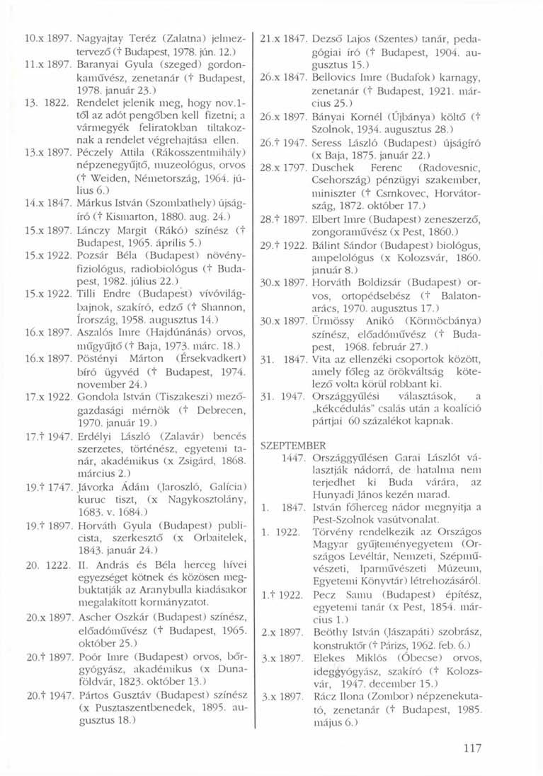 10.x 1897. Nagyajtay Teréz (Zalatna) jelmeztervező (t Budapest, 1978. jún. 12.) 11.x 1897. Baranyai Gyula (szeged) gordonkaművész, zenetanár (t Budapest, 1978. január 23.) 13-1822.