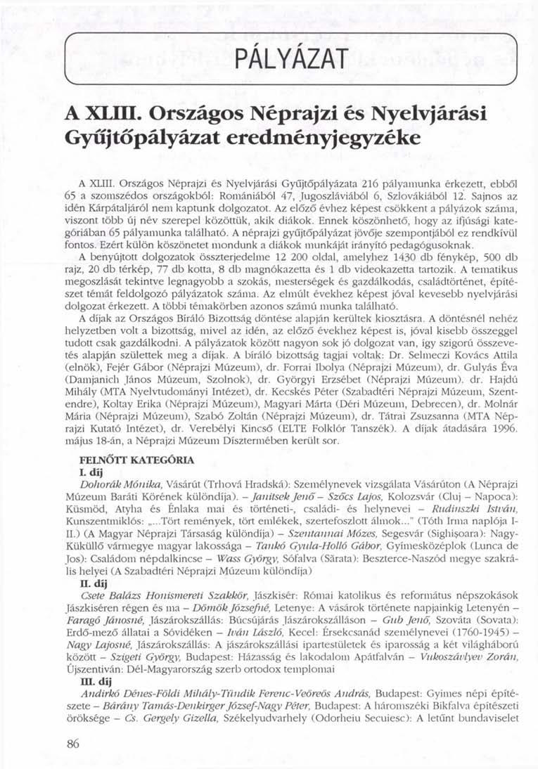PÁLYÁZAT V ) A XLIII. Országos Néprajzi és Nyelvjárási Gyűjtőpályázat eredményjegyzéke A XLIII.