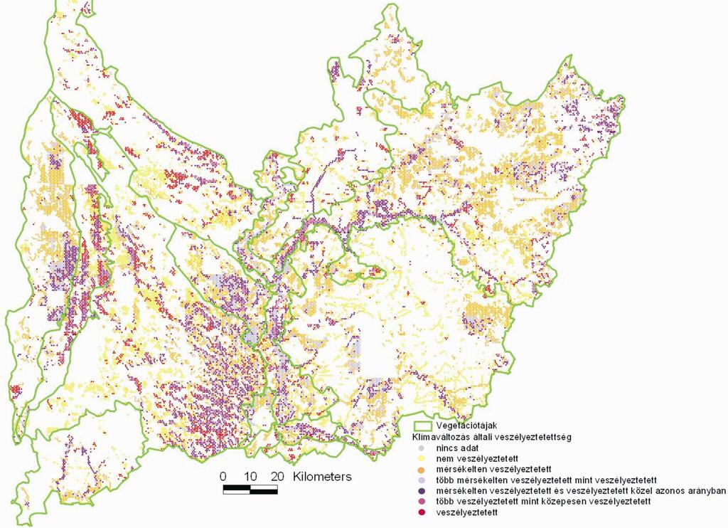 6. ábra. A Dél-Alföld természetes élıhelyeinek klímaváltozással általi veszélyeztetettsége (szerkesztette: Deák J. Á.