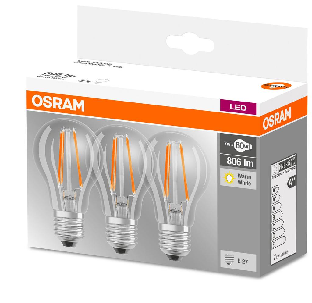 OSR4058075819337 Osram LED kisgömb COG Filament 4W/827, 220-240V, 3 db/doboz, E14, 470lm BASECLP40 1 490 Ft +ÁFA +