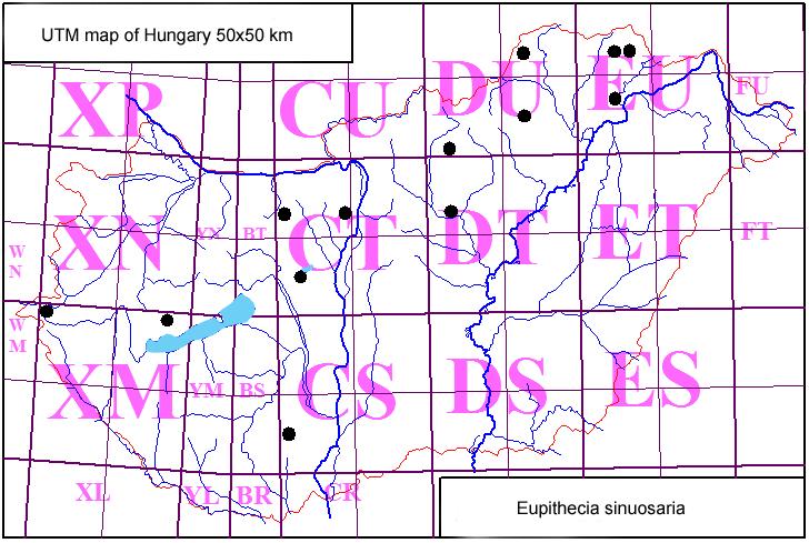52 Fazekas: Eupithecia tanulmányok, 1. hegyen, 1942. július 7 én, kb. 1000 m magasságban. A trianoni határokon belül, az első magyarországi adatot Kovács (1953) közölte Hejce környékéről.