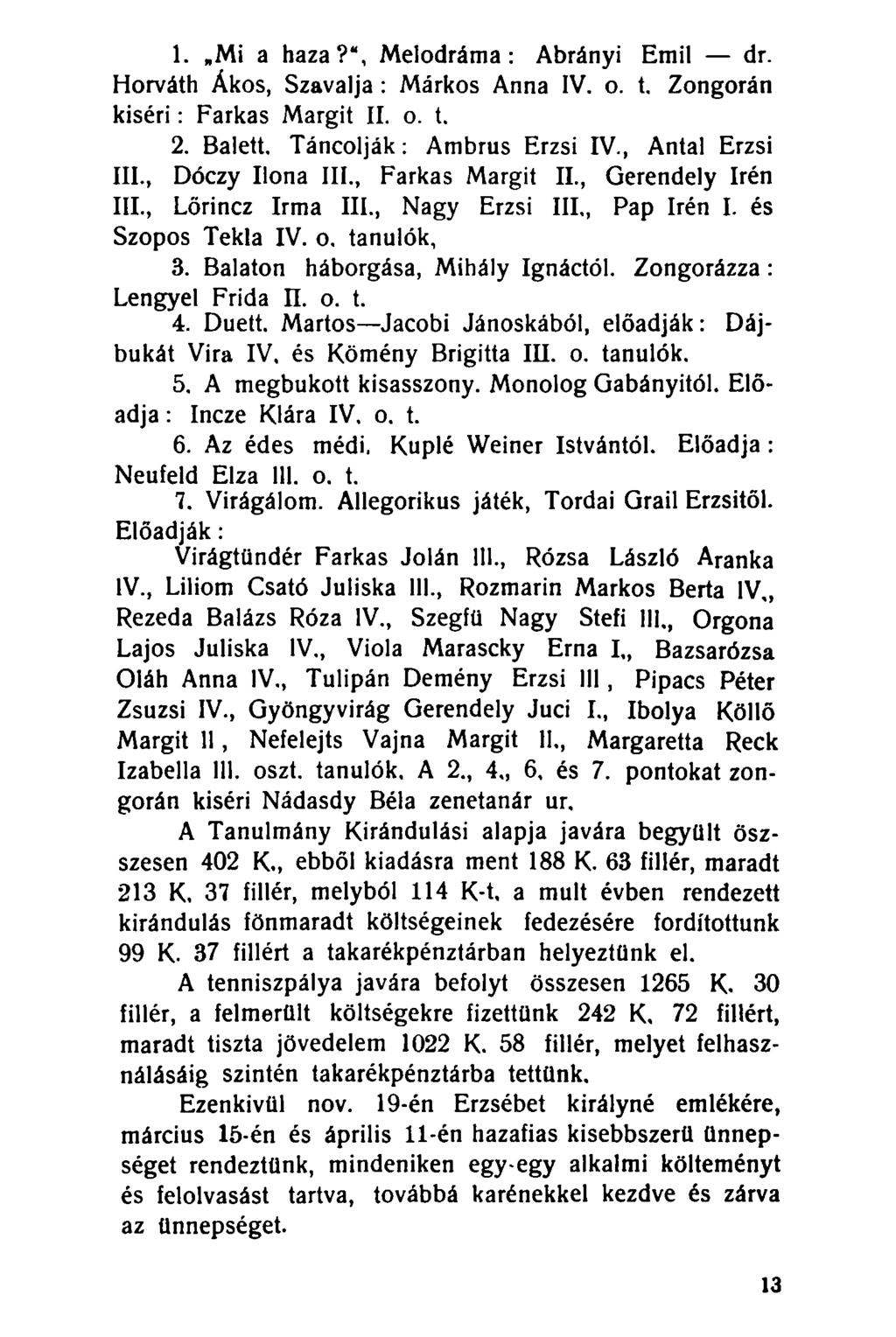 1. Mi a haza?", Melodráma: Ábrányi Emil dr. Horváth Ákos, Szavalja : Márkos Anna IV. o. t. Zongorán kiséri: Farkas Margit II. o. t. 2. Balett. Táncolják: Ambrus Erzsi IV., Antal Erzsi III.