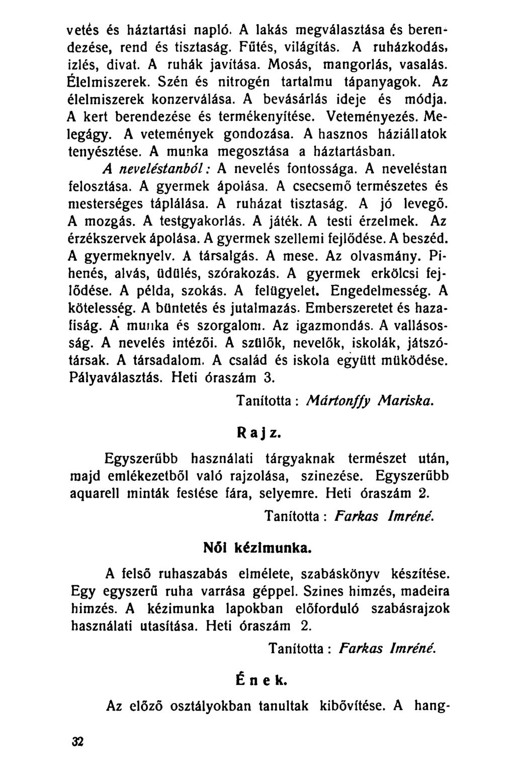vetés és háztartási napló. A lakás megválasztása és berendezése, rend és tisztaság. Fűtés, világítás. A ruházkodás, izlés, divat. A ruhák javítása. Mosás, mángorlás, vasalás. Élelmiszerek.
