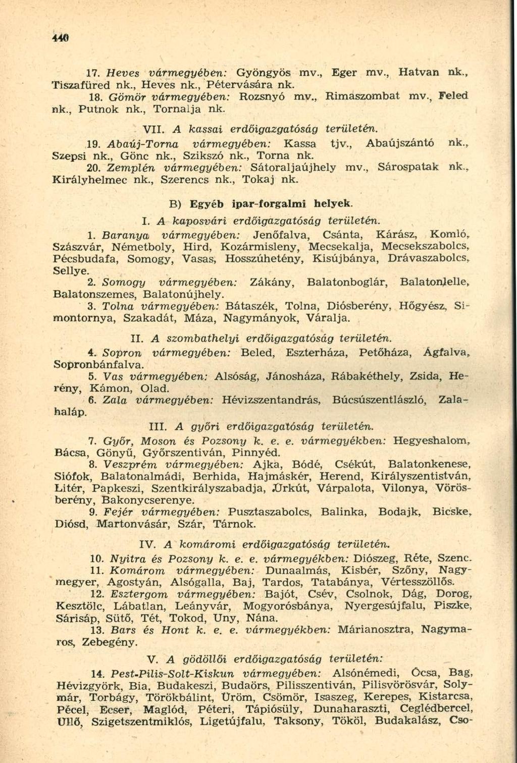 17. Heves vármegyében: Gyöngyös mv., Eger mv., Hatvan nk., Tiszafüred nk., Heves nk., Pétervására nk. 18. Gömör vármegyében: Rozsnyó mv., Rimaszombat mv., Feled nk., Putnok nk., Tornaija nk. VII.