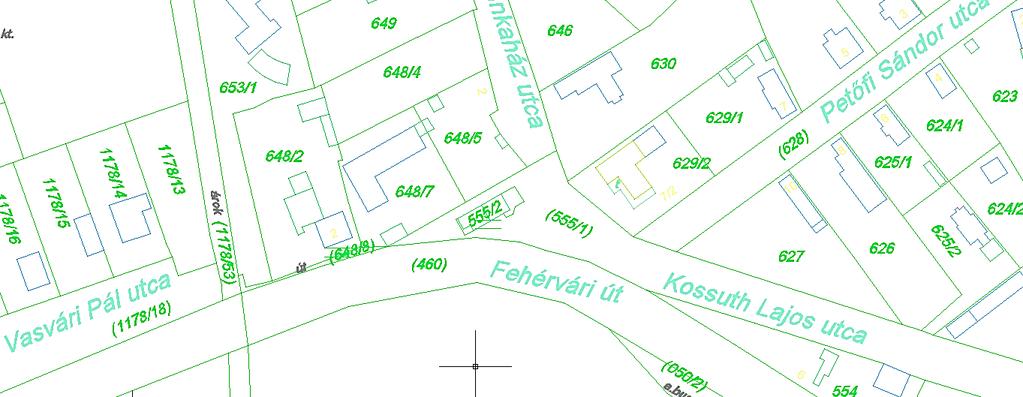 Érintett közterület hrsz-ek: 460 hrsz közút (buszperon), 555/1 hrsz Kossuth utca csomóponti tér, 648/8 hrsz járdasáv, 1178/18 hrsz Vasvári Pál utca Ingatlan nyilvántartási térképkivonat Meglévő