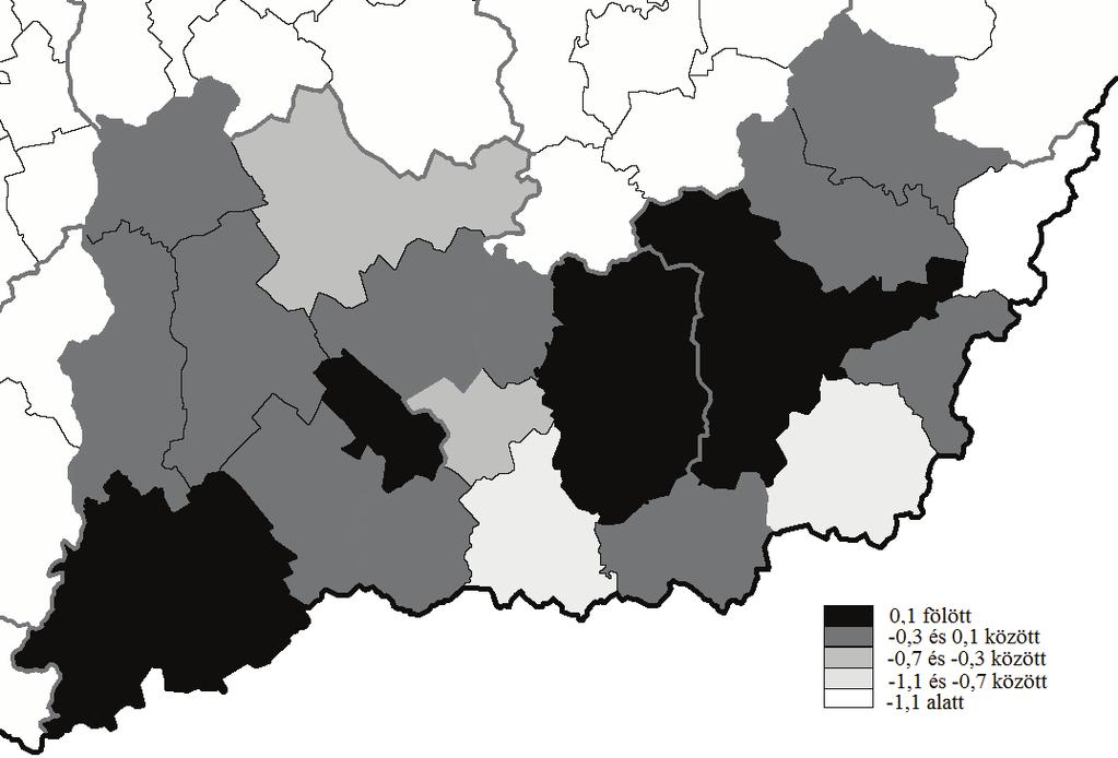 Az elszegényedés térökonómiai vizsgálata Dél-Alföldön 73 Egy főre jutó személyi jövedelemadó alapot képező jövedelem standardizált Local Moran I-je (2007) 5.