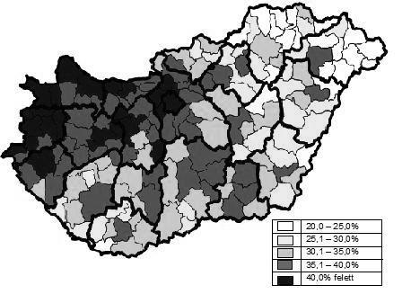 A foglalkoztatottság aránya kistérségenként (Forrás: vetesforgo.