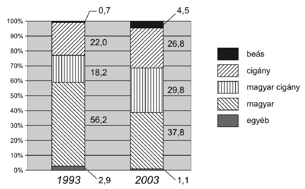 Társadalmi, állampolgári és gazdasági ismeretek (magyar) Érettségi feladatok gyűjteménye 39 A magyarországi cigányok nemzetisége (1993 2003) [A diagramok A magyarországi cigányság, 1971 2003.
