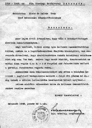 KLEIN JÓZSEF ÉS TÁRSAI, VALAMINT AUER LAJOS KÖZÖTT LÉTREJÖTT,