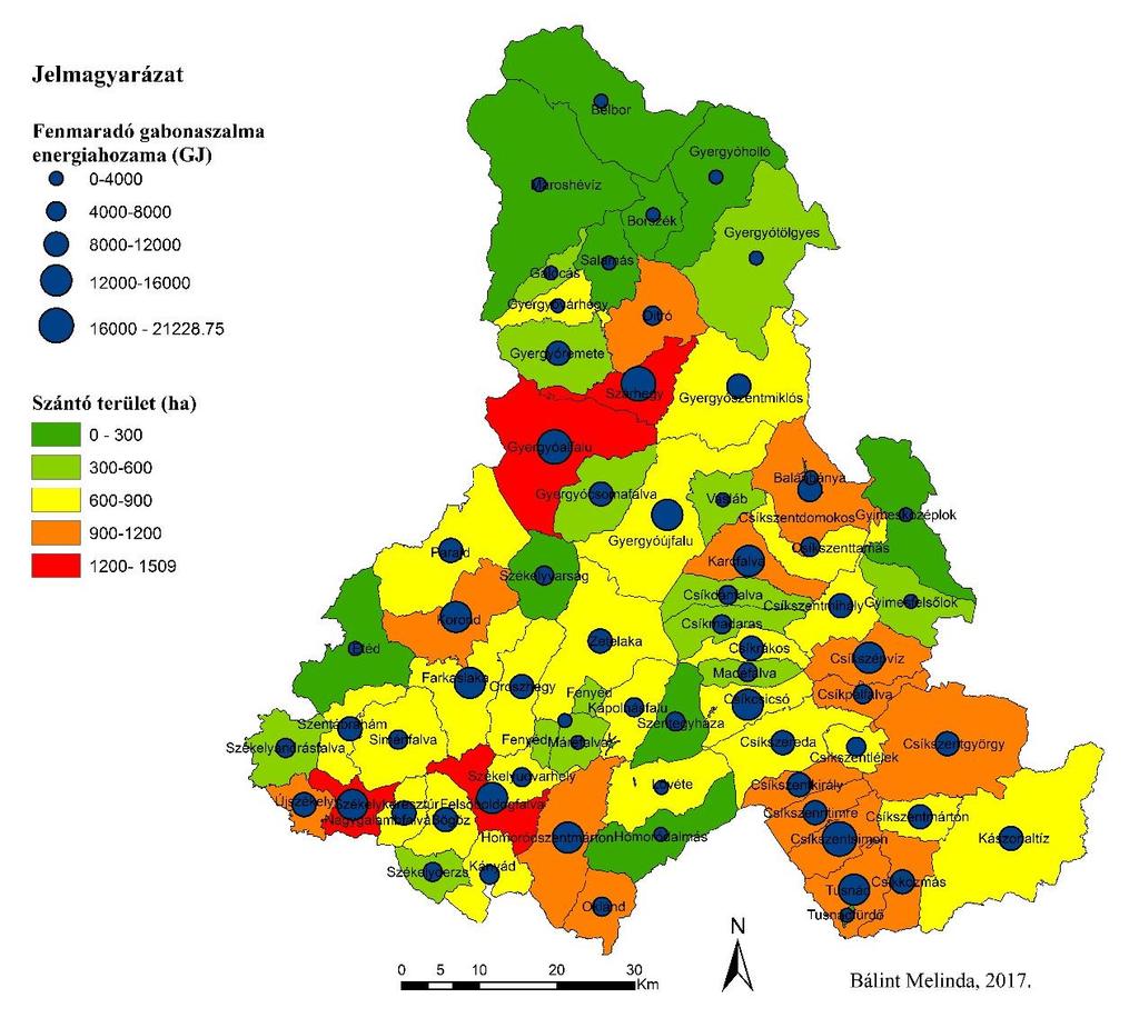 4. Ábra: A gabonatermeszés kiterjedése (ha) községenként, illetve a fenmaradó gabonaszalma energiahozama Hargita megyében 4.1.2.