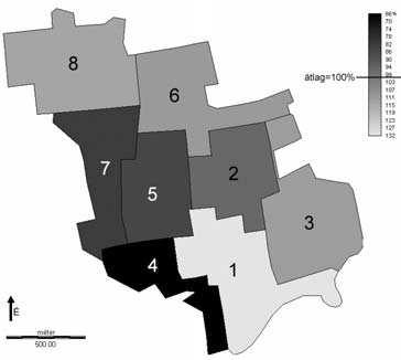 3. ábra A városrészek relatív értéke a modell alapján (A városrészek neve beazonosítható 2. táblázatban) (szerk.: GYENIZSE P.) 4.