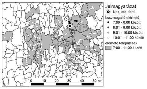 ábra térképén láthatók azok a buszmegállók, amelyek elérhet k a kérdéses id intervallumban. Az id intervallum növelésével exponenciálisan n a lehetségesen elérhet buszmegállók száma.