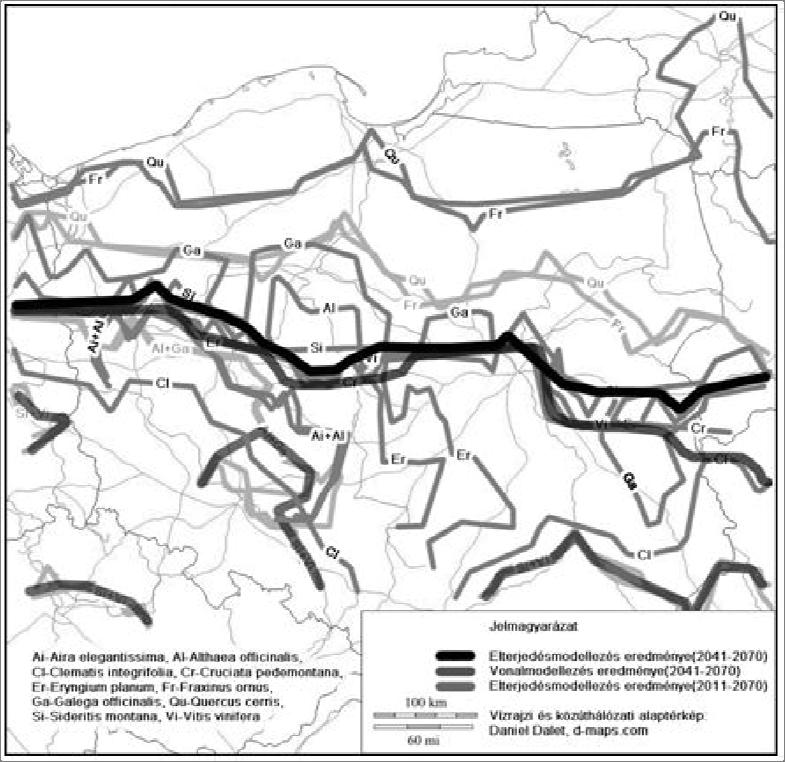 1. ábra A fajok modellezett elterjedése (világosszürke: 2011 2040, sötétszürke: 2041 2070) az újonnan meghúzott Moesz-vonallal, valamint a vonalmodellezés eredményével Összegzés A Moesz-vonal várható