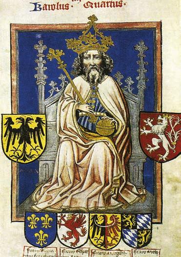 [ GY ] 16 17 IV. (Luxemburgi) Károly német-római császár és cseh király. A Német Aranybulla kiadásával törvényesítette Németország széttagoltságát Mire utalnak az uralkodó alakját körülvevô címerek?