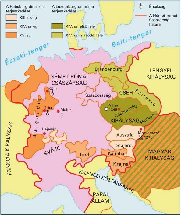 A középkor virágzása és hanyatlása / 13 A Német-római Birodalom a XIV. században Hasonlítsa össze a térképet az ezredfordulót bemutató állapottal (8. oldal)!