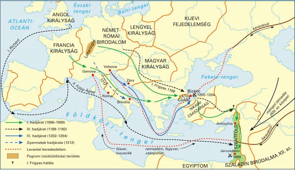 16 / A középkor virágzása és hanyatlása KERESZTES HADJÁRATOK 4 5 6 A keresztes hadjáratok A térképvázlat alapján határozza meg a keresztes hadjárat fogalmát! Kövesse nyomon a hadjáratok útvonalát!