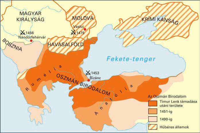 60 / A középkor virágzása és hanyatlása 19 Az Oszmán Birodalom a XV. században Az 57. oldalon levô térkép felhasználásával állapítsa meg, hogyan változott a birodalom kiterjedése a XIV.