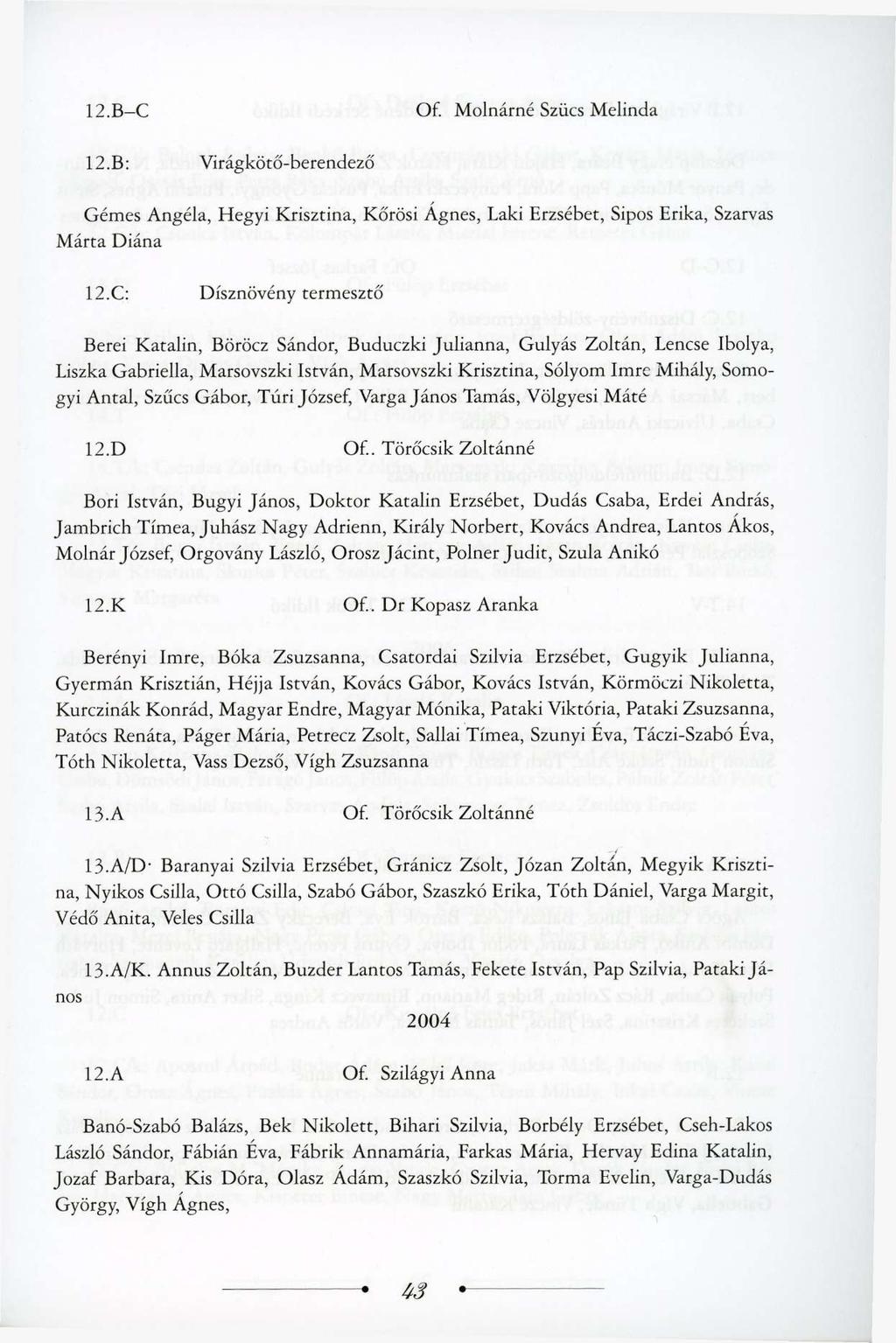 12.B-C Of. Molnárné Szűcs Melinda 12.B: Virágkötő-berendező Gémes Angéla, Hegyi Krisztina, Körösi Ágnes, Laki Erzsébet, Sipos Erika, Szarvas Márta Diána 12.