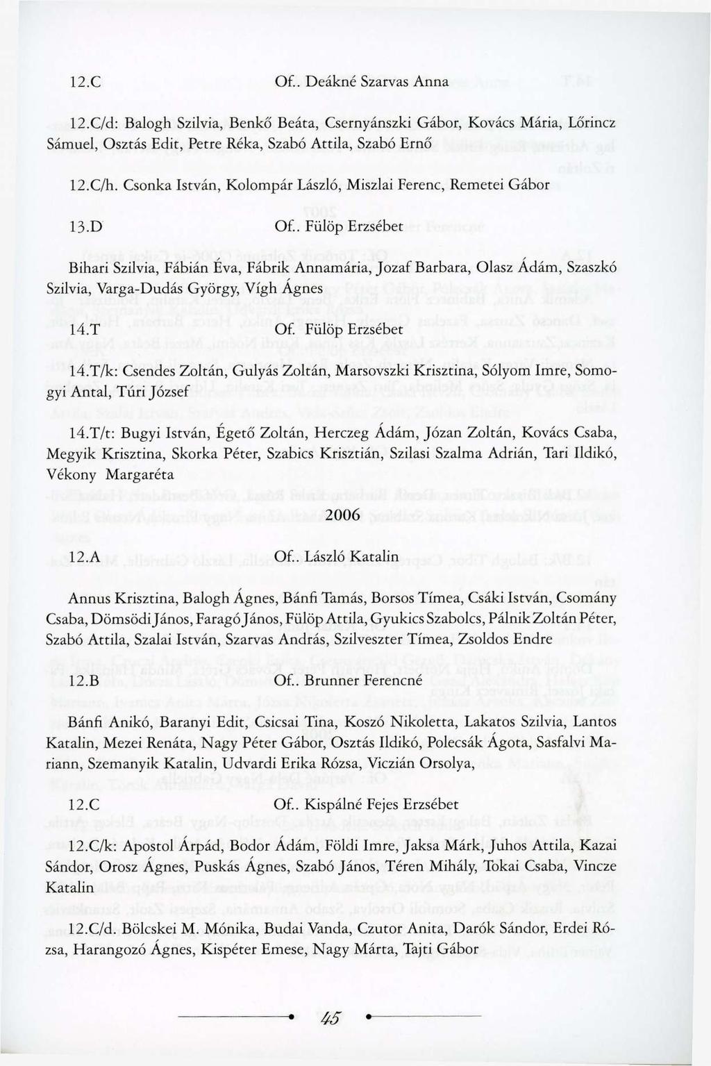 12.C Of.. Deákné Szarvas Anna 12.C/d: Balogh Szilvia, Benkő Beáta, Csernyánszki Gábor, Kovács Mária, Lőrincz Sámuel, Osztás Edit, Petre Réka, Szabó Attila, Szabó Ernő 12.C/h.