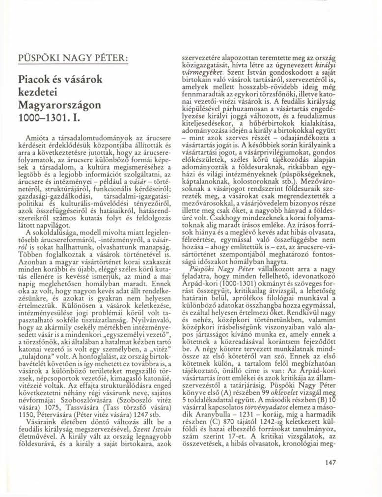 PÜSPÖKI NAGY PÉTER: Piacok és vásárok kezdetei Magyarországon 10