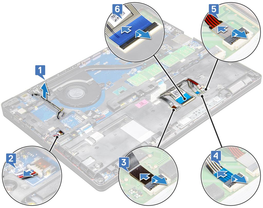 f SSD-kártya 3 A ház keretének kioldása: a Fejtse ki a WLAN- és a WWAN-kábelt a kábelvezető csatornákból [1]. b Válassza le a hangszóró kábelét az alaplapi csatlakozóról [2].