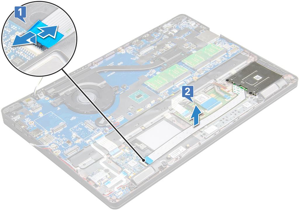 b c d e f elem WLAN-kártya WWAN SSD-kártya vagy merevlemez-meghajtó váz kerete 3 A SmartCard-olvasó kioldása: a Válassza le a SmartCard-olvasó panelének kábelét az alaplapon lévő csatlakozóról [1].