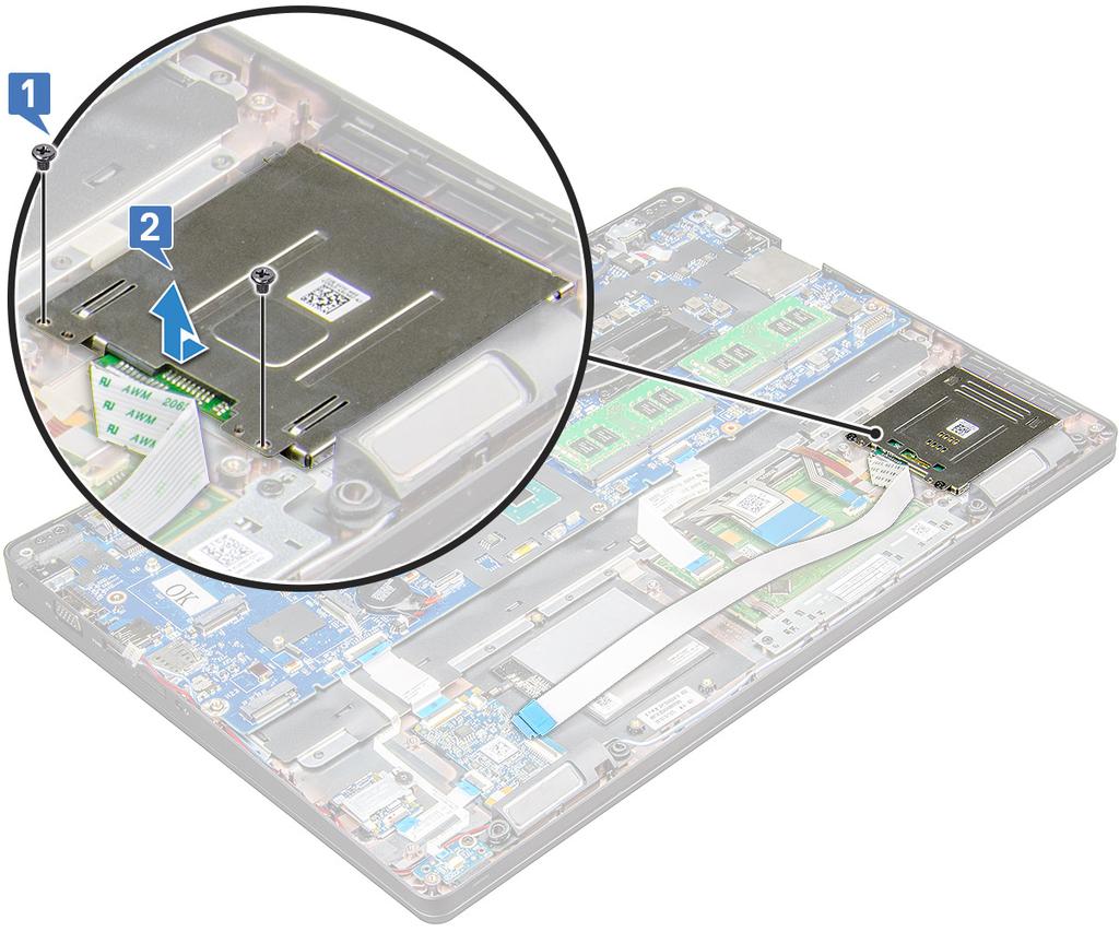 A SmartCard-olvasó beszerelése 1 Helyezze be a laptopba a SmartCard-olvasót. 2 Húzza meg a SmartCard-olvasót a laptophoz rögzítő M2,0x3,0 csavarokat.