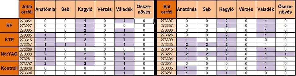 A 6. posztopeatív hét végére különböző mértékben, de mindegyik orrkagyló roncsolódott (9. táblázat). Kifejezett vályú kialakulásával és lágyszöveti zsugorodással is találkoztunk egyes esetekben (29B.