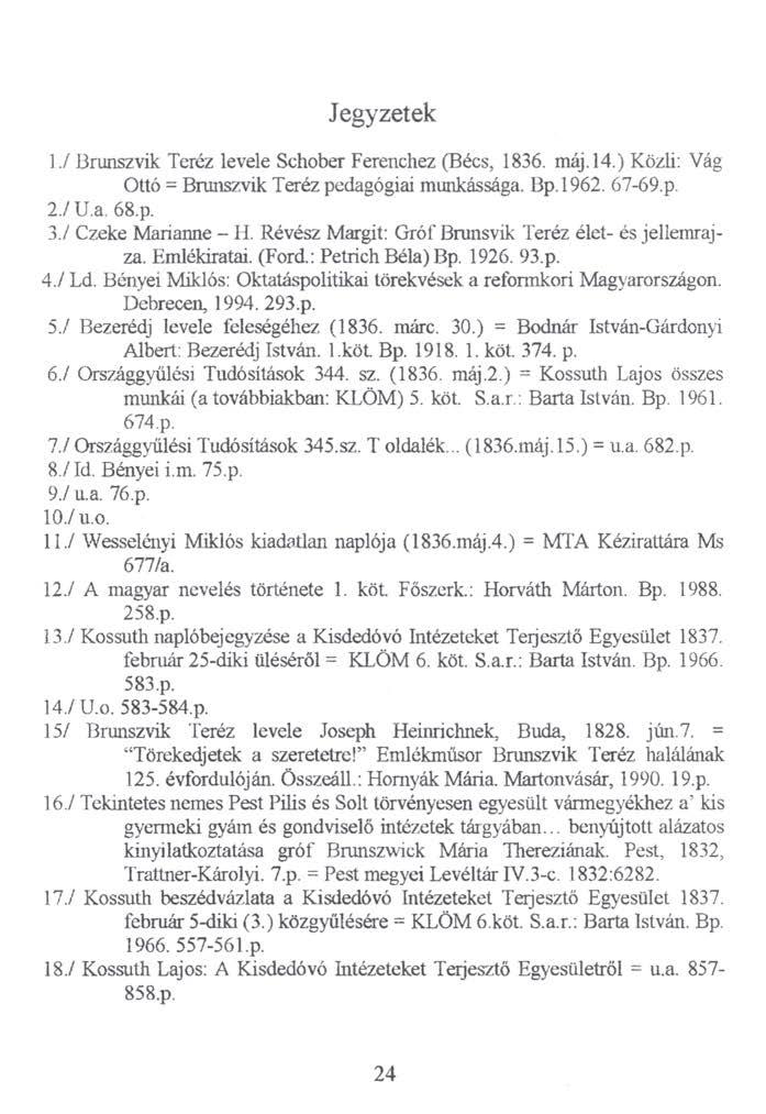 Jegyzetek 17 Brunszvik Teréz levele Schober Ferenchez (Bécs, 1836. máj. 14.) Közli: Vág Ottó = Brunszvik Teréz pedagógiai munkássága. Bp.1962. 67-69.p. 2. / U.a. 68.p. 3. / Czeke Marianne - FI.