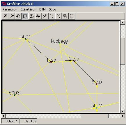 303 90443.166 2958.512 139.836 3_sp 279-07-35 148.611 Hossz-számítás Számítsuk ki a sokszögvonal hosszát, az 5001, 1_sp, 2_sp, 3_sp, 5002 pontok közötti hosszat.