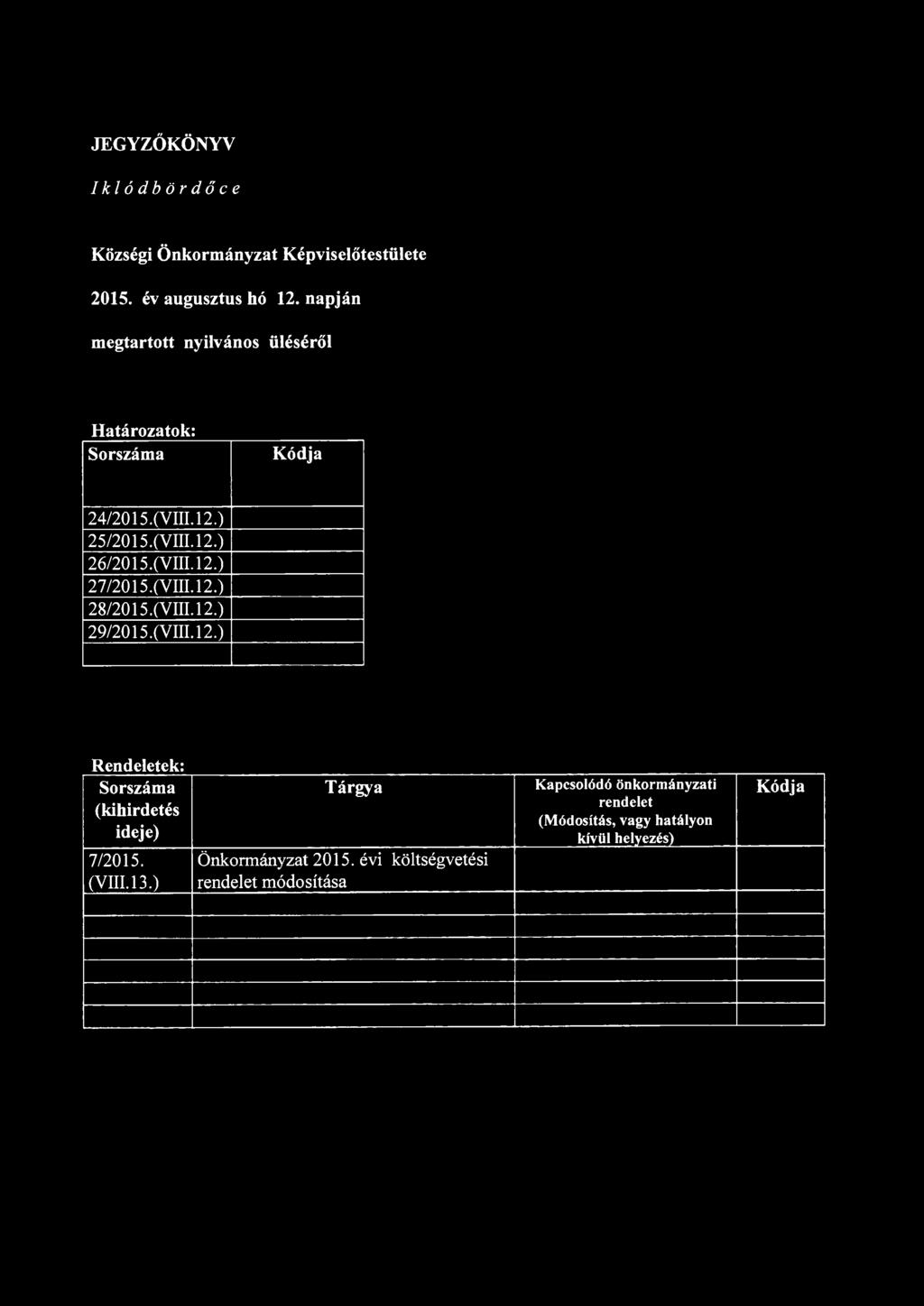 (VIII. 12.) 28/2015.(VIII. 12.) 29/2015.(VIII.12.) Rendeletek: Sorszáma (kihirdetés ideje) 7/2015. (VIII. 13.