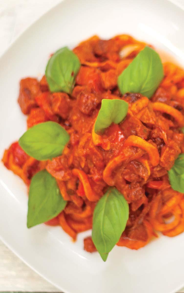 Édesburgonya spagetti chorizo-val, piros