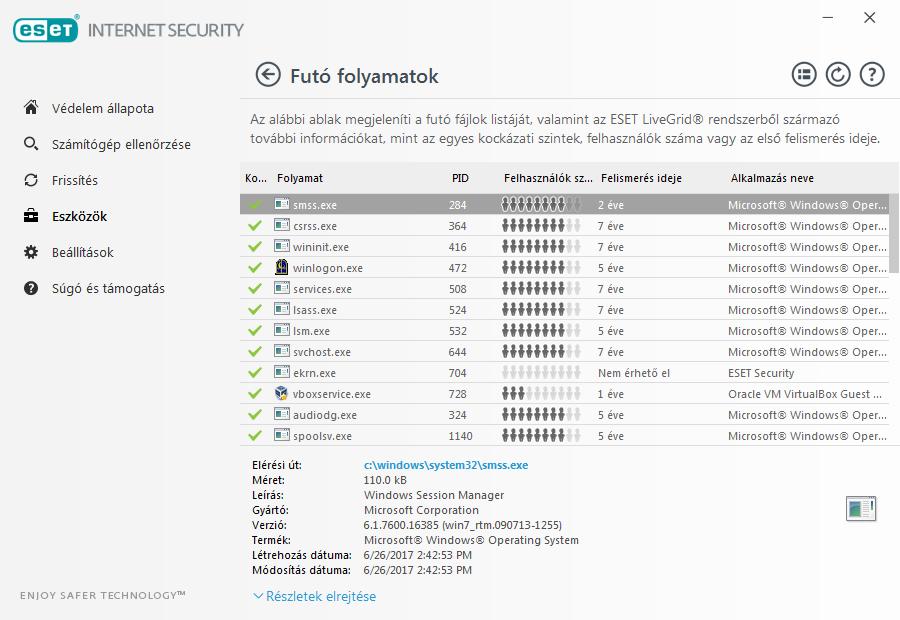 4.6.3.2 Futó folyamatok A futó folyamatok megjelenítik a számítógépen futó programokat és folyamatokat.