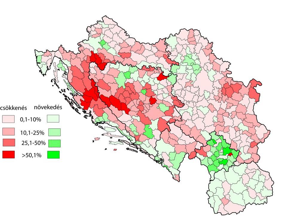1. ábra: A volt jugoszláv tagköztársaságok települési szintű lakosságszám változása 1991 és a 2-es évek eleje között.