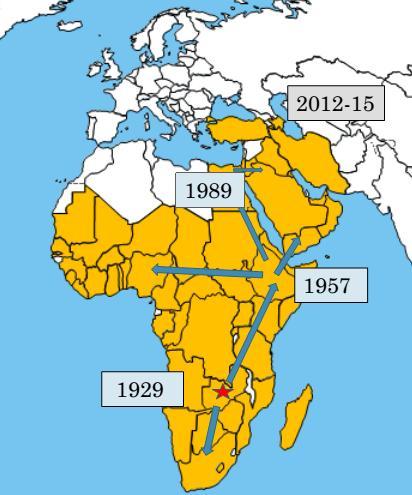 Előfordulás 1929 Zambia 1943-45 Bocvana, Zimbabve, Dél Afrika 1957- töl Kelet és Közép Afrika, Madagaszkár (Kenya