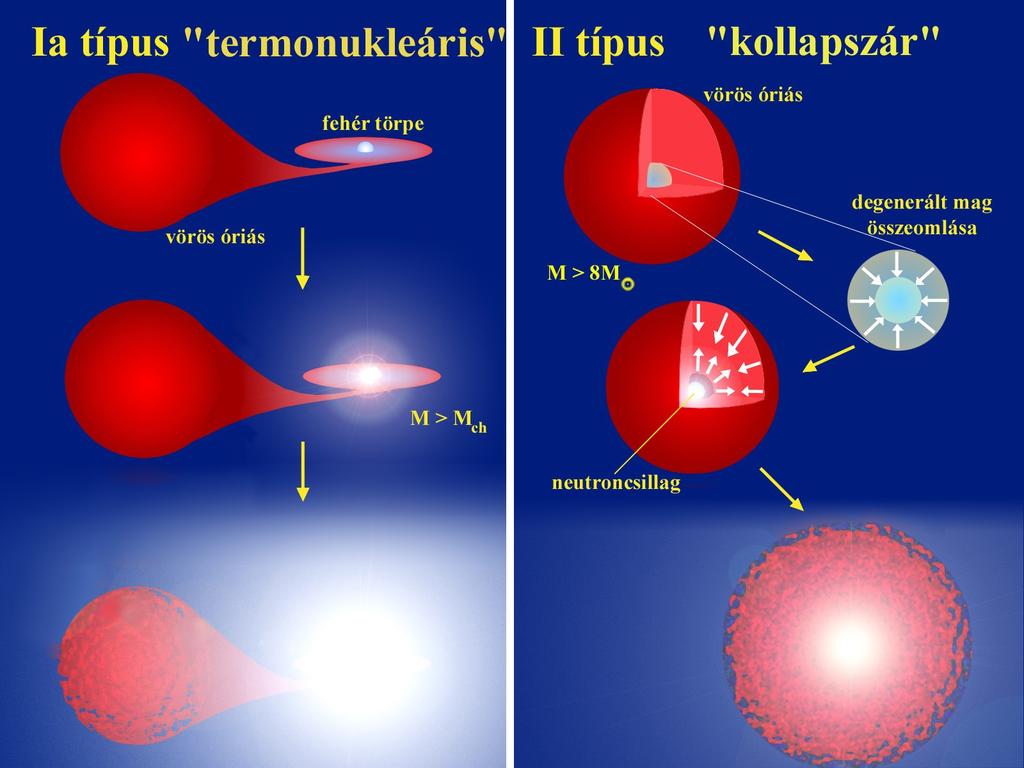 1. ábra: A szupernóvák két fő típusa: a termonukleáris (vagy Ia típusú) robbanások (balra), és a kollapszár szupernóvák (jobbra). [1] 2.
