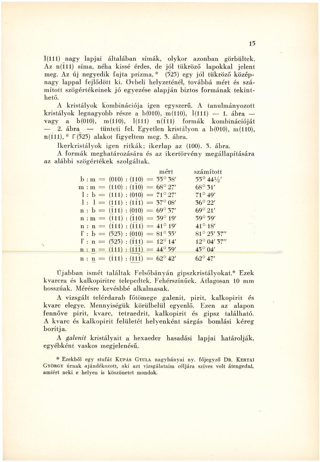 1(111) nagy lapjai általában simák, olykor azonban görbültek. Az n(lll) sima, néha kissé érdes, de jól tükröző lapokkal jelent meg.