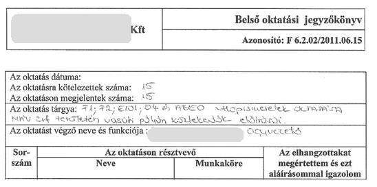 12. ábra: A fővállalkozó belső oktatási jegyzőkönyve Az alvállalkozó munkavállalóinak vasúti szakvizsgái egy vasúti alapképzettség oktatására bejegyzett vállalkozás által lebonyolított oktatás